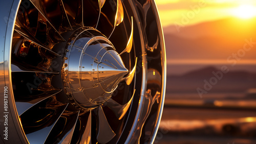 Extreme close up of a vintage jet engine blades that is attached to the wing; engine blades seen from the side, during sunset