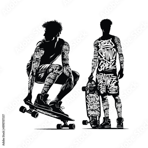 Skateboarding, longboarding  male player in graffiti tags, street art pattern illustration, emblem shield badge