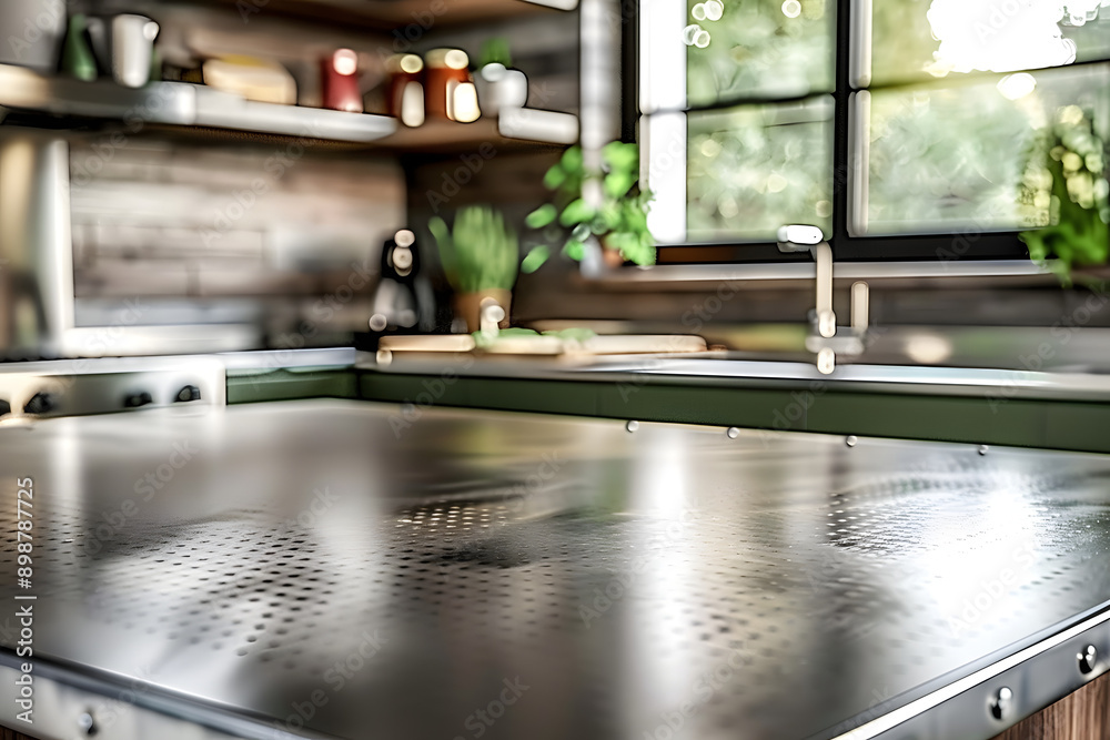 Steel table top with blurred empty kitchen background can be used for mocking up or display product to make advertising Steel table top with blurred empty kitchen background can be used for mocking up or display product to make advertising