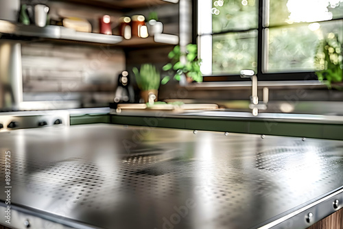 Steel table top with blurred empty kitchen background can be used for mocking up or display product to make advertising