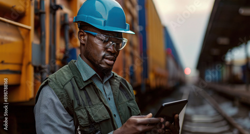 Manufacturing Factory black male Mechanical Engineer Works on Personal Computer at Metal lathe industrial manufacturing factory. Engineer Operating lathe Machinery. African people.