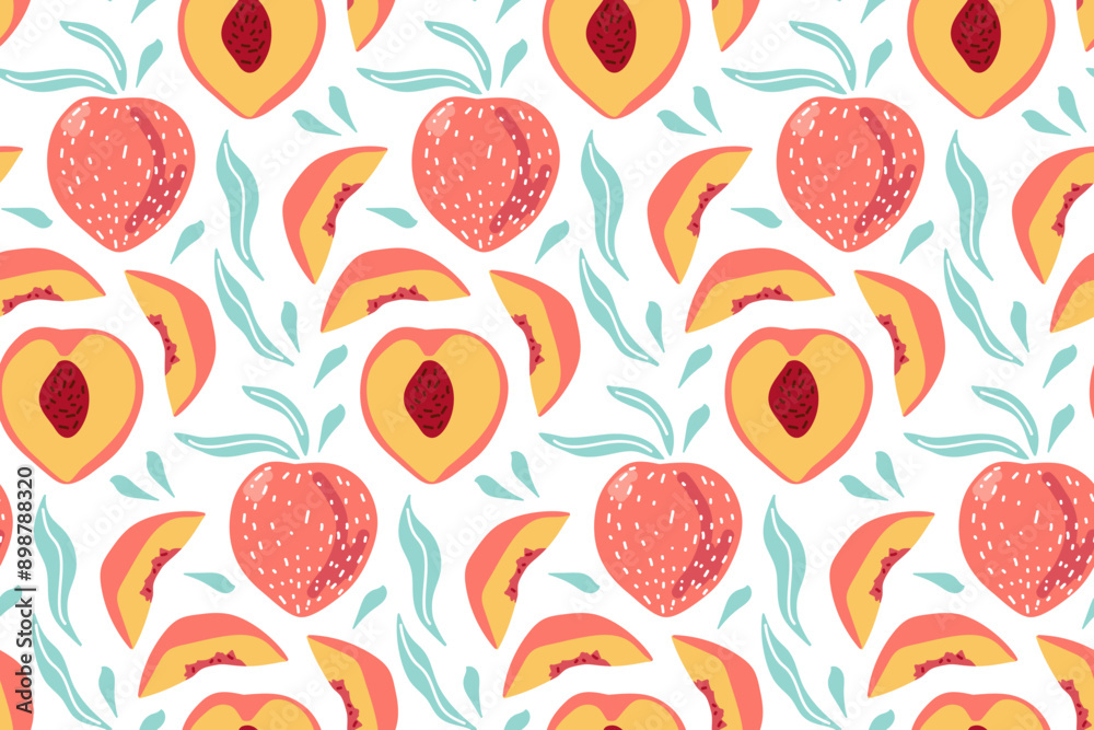 Seamless pattern with Pink Peach, whole fruits and sliced fruits. Hand drawn doodle sketch vector illustration. Food eco Repeated template for background, textile, wrapping paper, wallpaper, scrap. Seamless pattern with Pink Peach, whole fruits and sliced fruits. Hand drawn doodle sketch vector illustration. Food eco Repeated template for background, textile, wrapping paper, wallpaper, scrap.