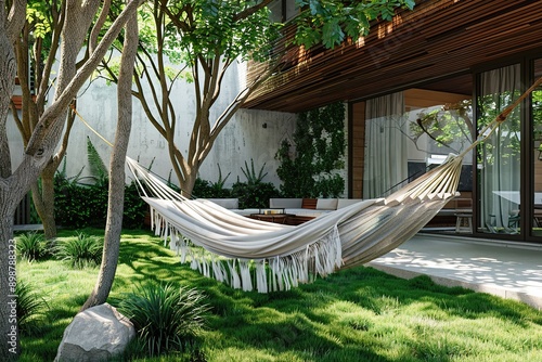 Empty hammock hanging between two trees in the yard