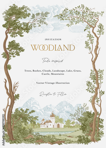 Woodland. Invitation. Toile inspired. Vector vintage illustration. 