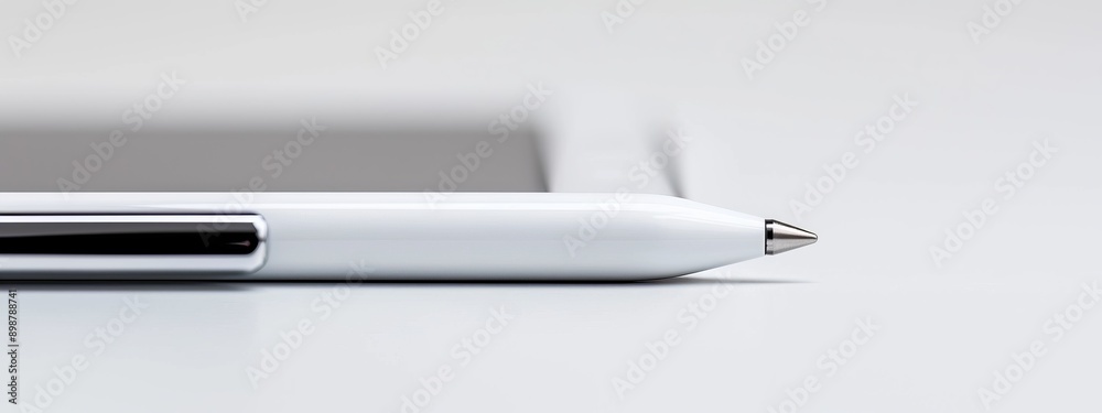 A white pen atop a table, nearby, a white object holding a black pen A white pen atop a table, nearby, a white object holding a black pen