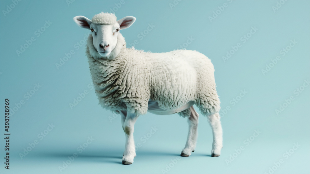 Obraz premium A cute adult sheep standing with an isolated blue background 