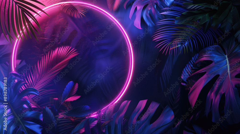 Blue and Green Neon Light with Tropical Plants. A fluorescent frame in the form of a circle in a natural setting. Blue and Green Neon Light with Tropical Plants. A fluorescent frame in the form of a circle in a natural setting.