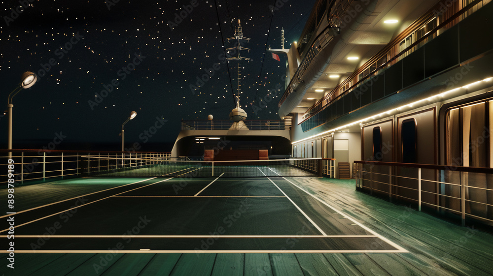Expansive and pristine deck of a cruise ship with a tennis court during a night with starts Expansive and pristine deck of a cruise ship with a tennis court during a night with starts