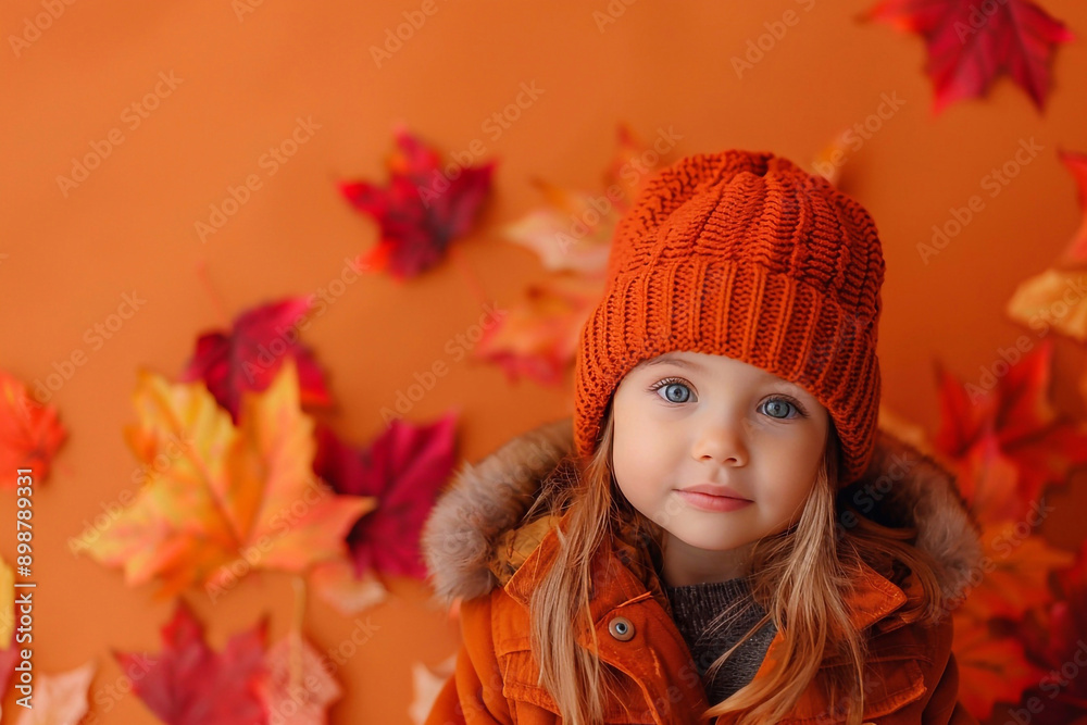 A little girl in fashionable warm clothes on a bright orange background reminiscent of autumn leaves. She is dressed in a stylish coat, hat with pom-poms and a scarf. The girl smiles, holding autumn l A little girl in fashionable warm clothes on a bright orange background reminiscent of autumn leaves. She is dressed in a stylish coat, hat with pom-poms and a scarf. The girl smiles, holding autumn l
