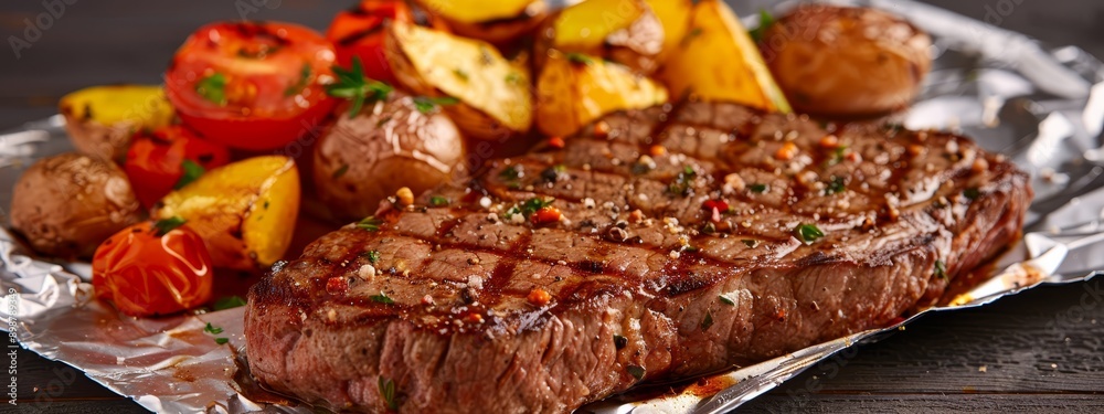 A steak, potatoes, and tomatoes on aluminum foil atop a wooden table - knife and fork present A steak, potatoes, and tomatoes on aluminum foil atop a wooden table - knife and fork present
