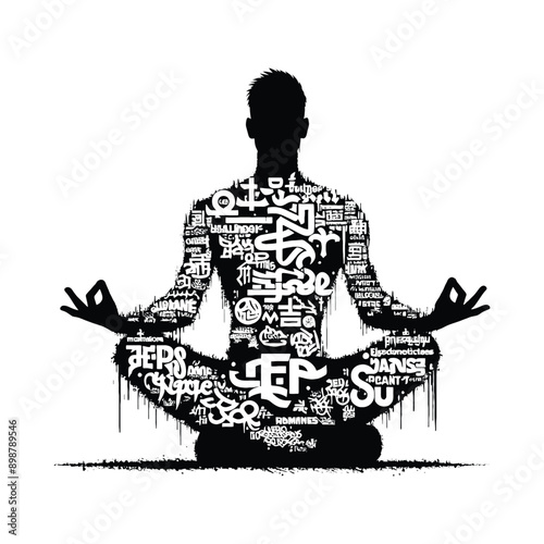 Meditation, yoga male player in graffiti tags, street art pattern illustration, emblem shield badge