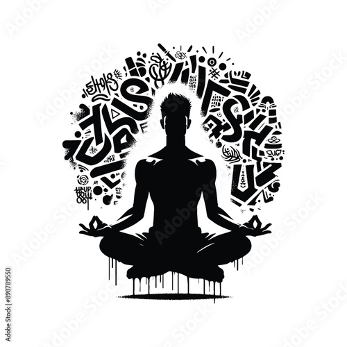 Meditation, yoga male player in graffiti tags, street art pattern illustration, emblem shield badge