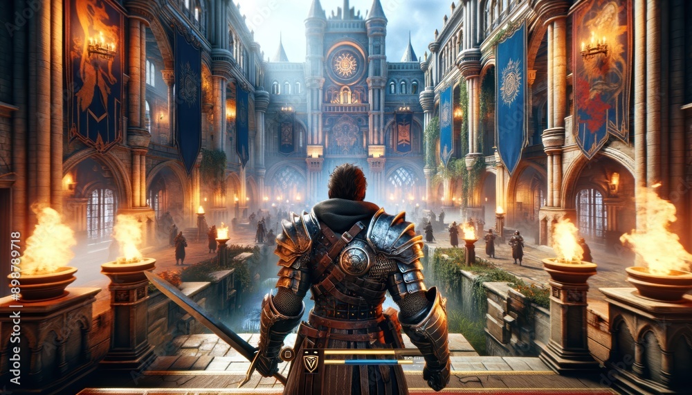 Knight in armor in grand castle courtyard in video game.. Knight in armor in grand castle courtyard in video game..