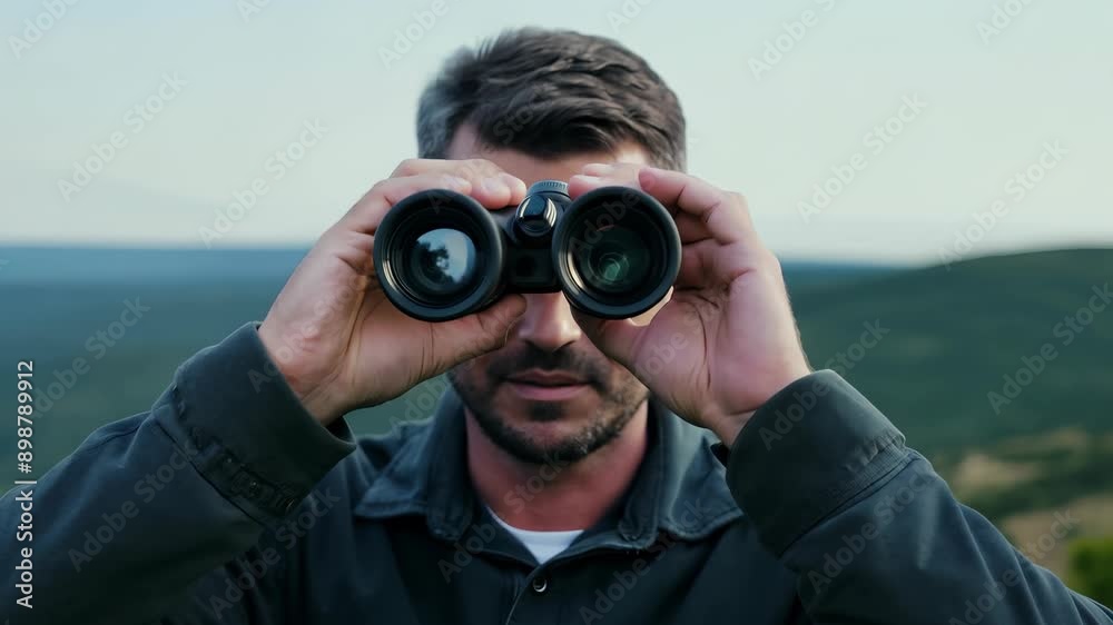 A man gazes through binoculars, captivated by the beauty of nature in the serene hills during the calm hues of dusk. A man gazes through binoculars, captivated by the beauty of nature in the serene hills during the calm hues of dusk.