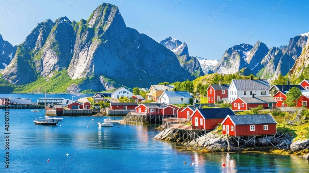 A beautiful mountain town with a lake in the background. The houses are red and the water is calm