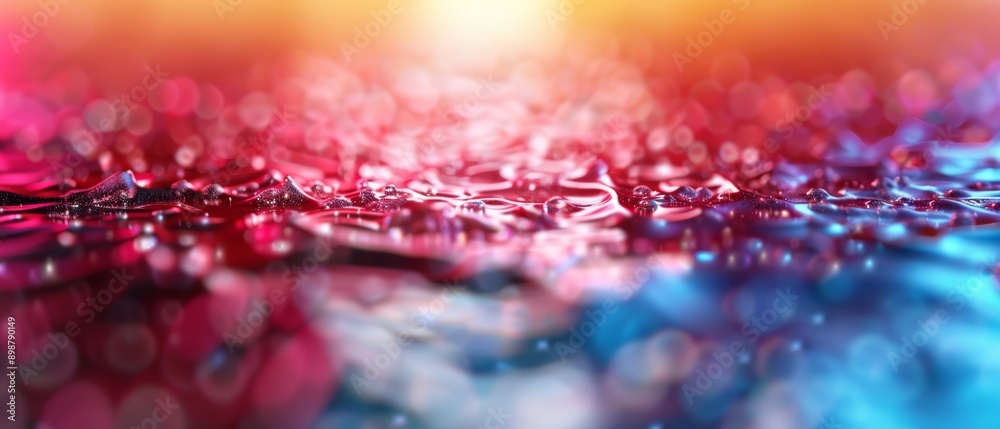 A crisp image of water droplets on a still pool's surface, lit by a brilliant background light A crisp image of water droplets on a still pool's surface, lit by a brilliant background light
