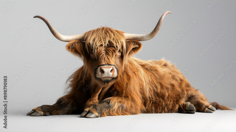 A cute adult and highland cow is laying down with an isolated gray background A cute adult and highland cow is laying down with an isolated gray background