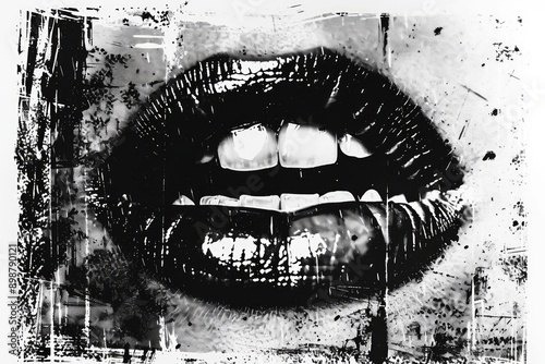 Wallpaper Mural Lips, open mouth with teeth, monochrome photocopy effect, grunge punk design elements Torontodigital.ca