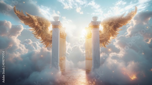Gate to heaven with beautiful angelic wings