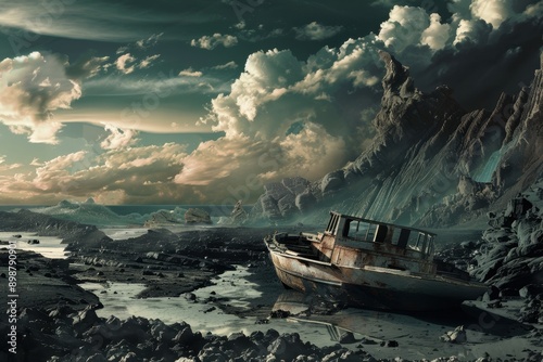 Derelict Boat Abandoned on Rocky Shore with Towering Rock Formations photo