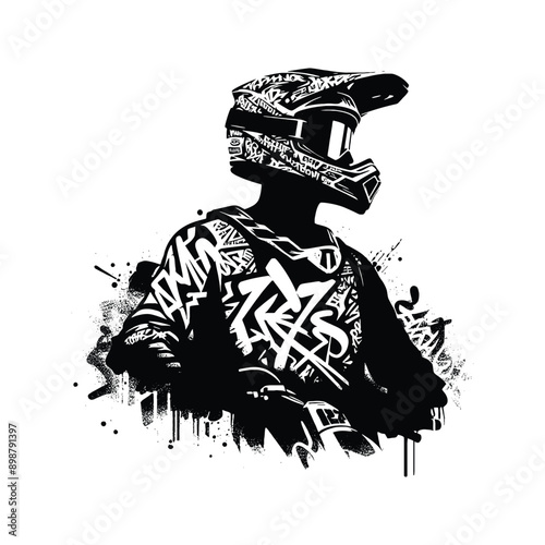 Motocross  male player in graffiti tags, street art pattern illustration, emblem shield badge