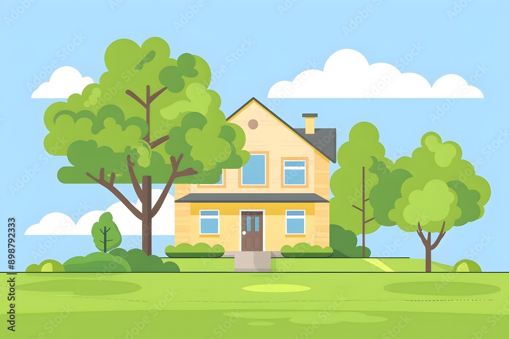 Yellow House with Green Trees in a Green Lawn Yellow House with Green Trees in a Green Lawn