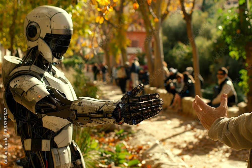 A robot shaking hands with a human capturing the harmony and collaboration between man and machine A robot shaking hands with a human capturing the harmony and collaboration between man and machine