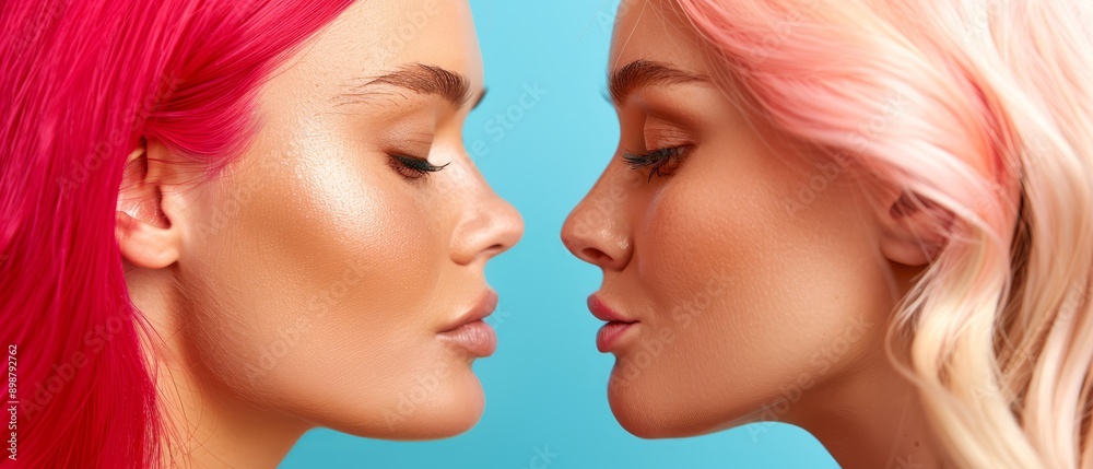 A tight shot of two women with pink hair One faces forward, while the other turns her head to the side, looking at her companion in profile A tight shot of two women with pink hair One faces forward, while the other turns her head to the side, looking at her companion in profile