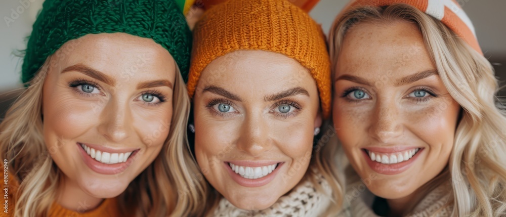  Three women, each wearing a knitted hat atop their heads, stand together with matching scarves