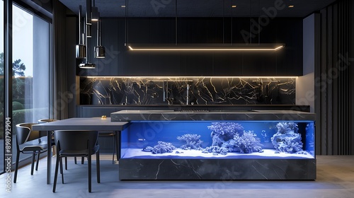 Contemporary kitchen with an integrated aquarium 