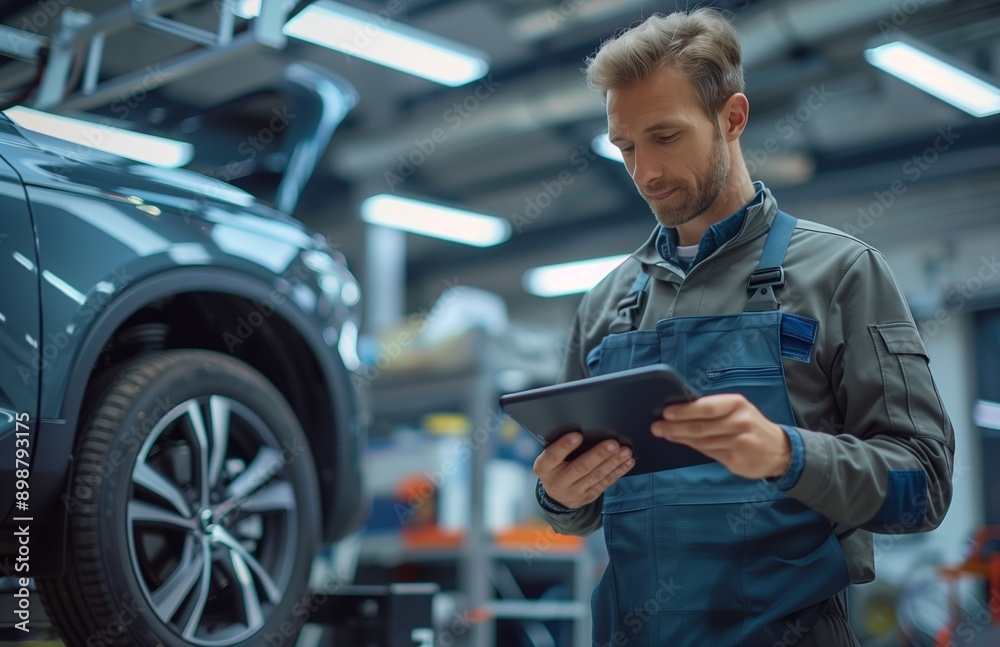 A car technician using a tablet to diagnose and repair a vehicle at an auto service center A car technician using a tablet to diagnose and repair a vehicle at an auto service center