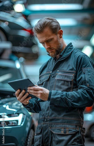 A car technician using a tablet to diagnose and repair a vehicle at an auto service center