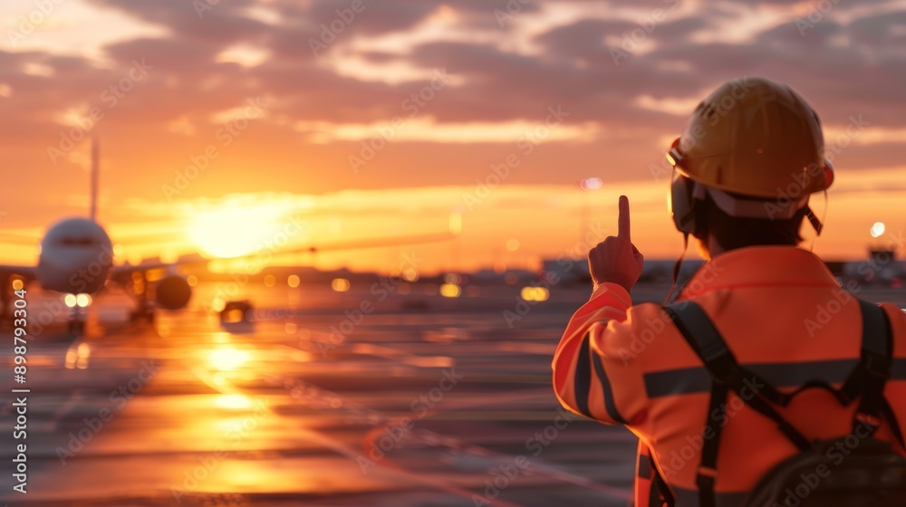 Ground crew worker guides an airplane on a runway at sunset, ensuring safe departures in the aviation industry