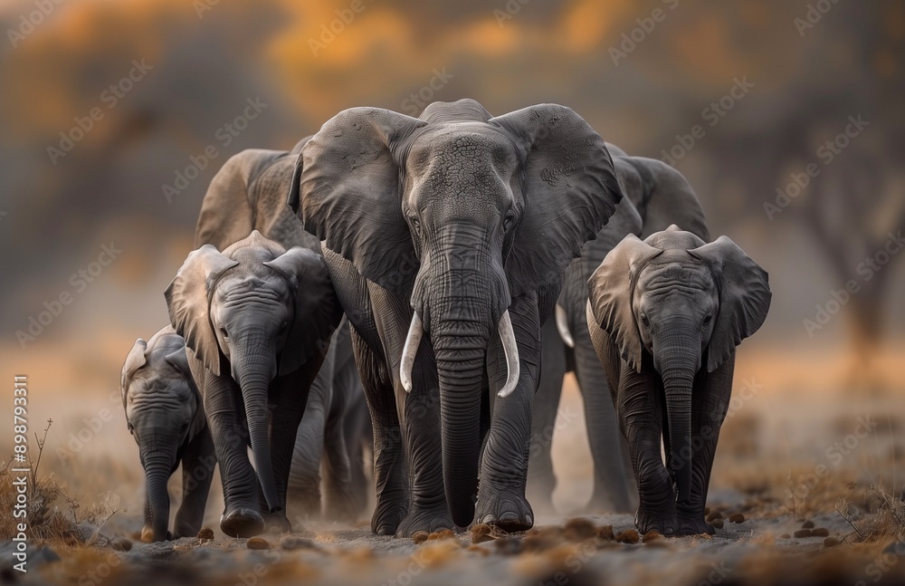 Fototapeta premium A herd of elephants strolling together across the vast savannah landscape