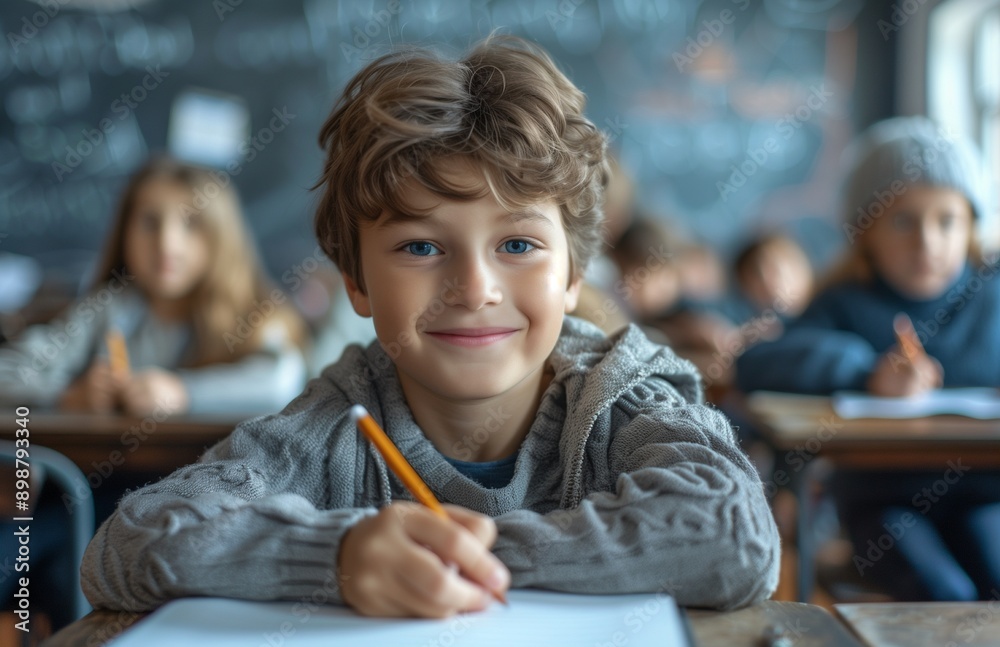 A cheerful young boy at his desk in class, writing with a pencil, while other students work behind him A cheerful young boy at his desk in class, writing with a pencil, while other students work behind him