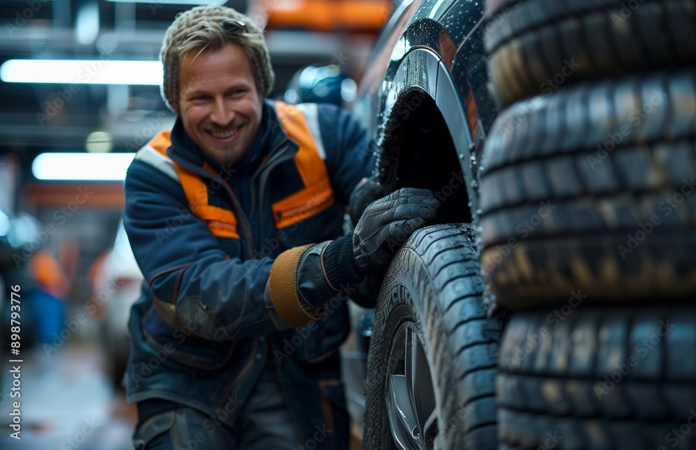 A mechanic in black gloves smiles while picking up a tire from under an SUV in a modern workshop A mechanic in black gloves smiles while picking up a tire from under an SUV in a modern workshop