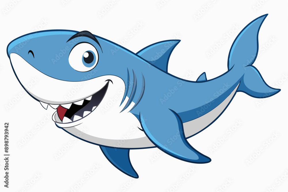 Obraz premium Funny Shark Vector Illustration, Cartoons, Clipart, and Line Art Design on White Background, Cute and funny shark illustration in vector, cartoon, clipart, and line art design on white background.