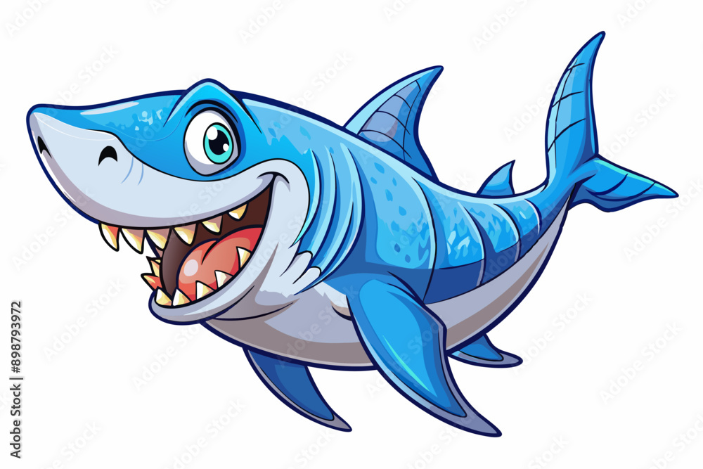 Obraz premium Funny Shark Vector Illustration, Cartoons, Clipart, and Line Art Design on White Background, Cute and funny shark illustration in vector, cartoon, clipart, and line art design on white background.