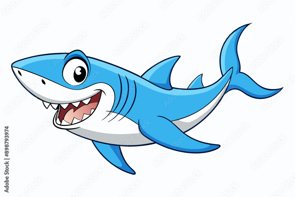 Obraz premium Funny Shark Vector Illustration, Cartoons, Clipart, and Line Art Design on White Background, Cute and funny shark illustration in vector, cartoon, clipart, and line art design on white background.