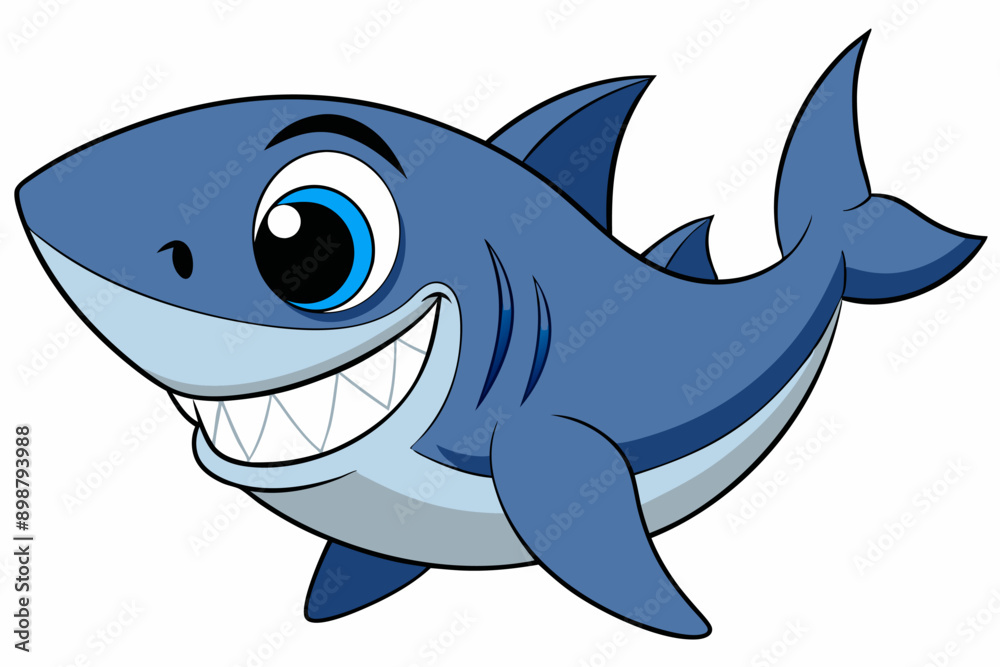 Obraz premium Funny Shark Vector Illustration, Cartoons, Clipart, and Line Art Design on White Background, Cute and funny shark illustration in vector, cartoon, clipart, and line art design on white background.