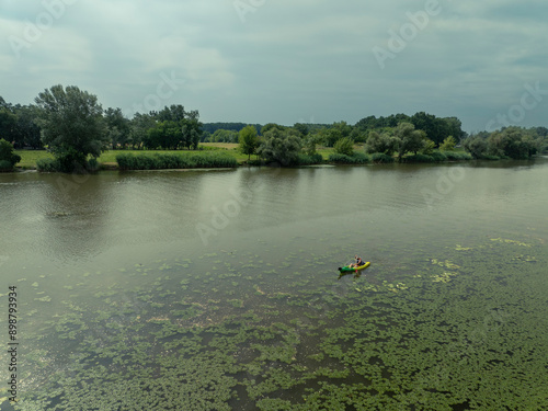 Aerial landscape about the lake Tisza in Hungary. People kayaking in this photo. photo