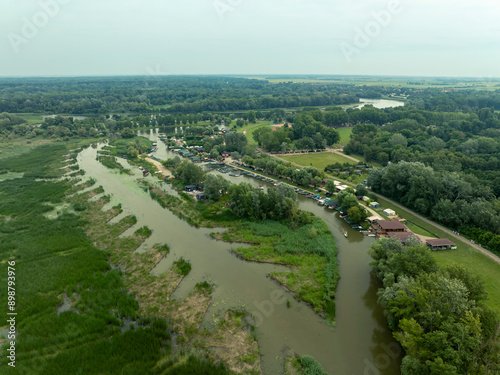 Tisza river and lake Tisza port in Tiszafured. photo