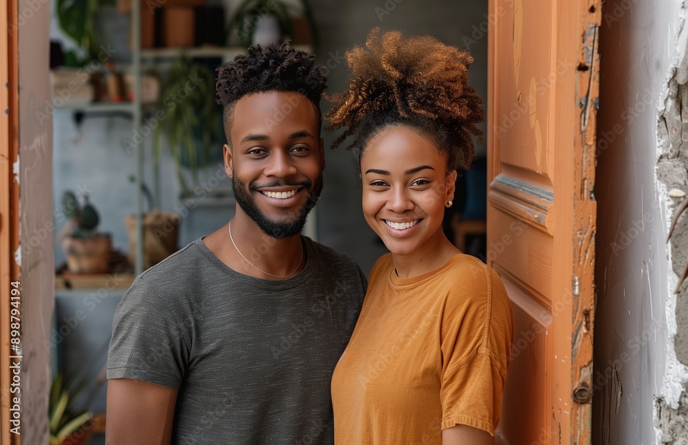 Young couple smiling at camera, holding door open while moving into their new apartment Young couple smiling at camera, holding door open while moving into their new apartment