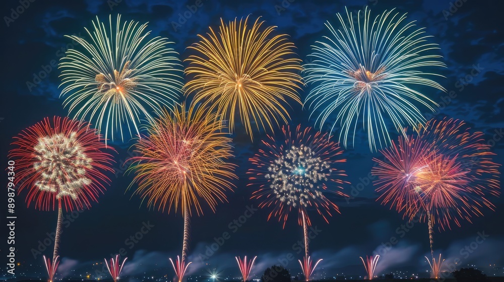 Fototapeta premium Colorful fireworks illuminating a dark backdrop, Celebration, vibrant night sky festivity