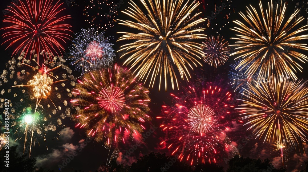 Fireworks with vibrant hues bursting on a black background, Celebration, dynamic night sky display Fireworks with vibrant hues bursting on a black background, Celebration, dynamic night sky display