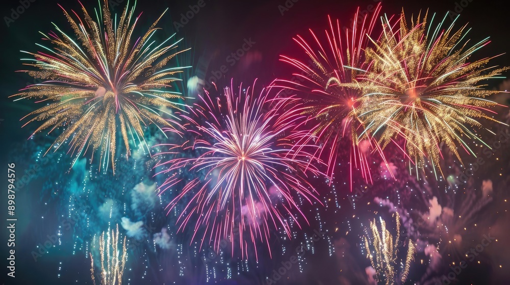 Glittering fireworks explosion on a dark backdrop, Celebration, colorful night sky illumination Glittering fireworks explosion on a dark backdrop, Celebration, colorful night sky illumination