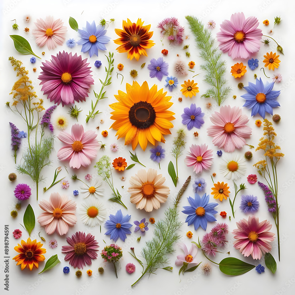 summer flower creative layout Daisy cosmos blanket aster zinnia tickseed sunflower and doronicum flowers isolated on white background Floral frame border Design element Top view flat summer flower creative layout Daisy cosmos blanket aster zinnia tickseed sunflower and doronicum flowers isolated on white background Floral frame border Design element Top view flat