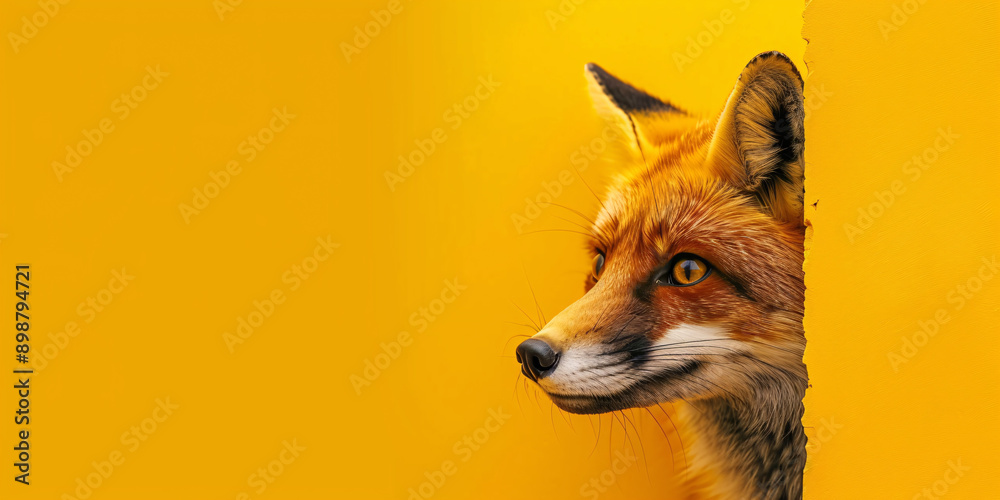Obraz premium Wary fox peeks around yellow corner on plain background, concept of watchful and inquisitive