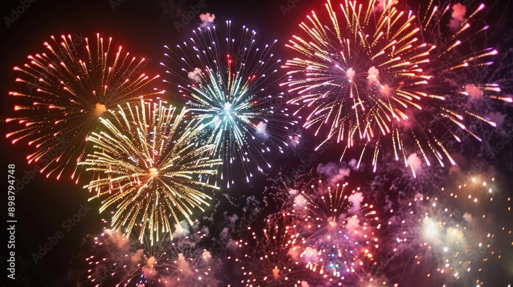Naklejka premium Radiant fireworks with colorful explosions on a dark backdrop, Celebration, dazzling night festivity