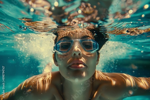 Underwater shot of a woman swimming wearing goggles. Front view, looking into the camera.